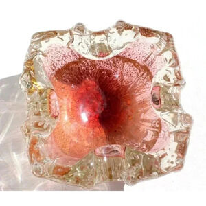 Vtg MID CENTURY Retro Orange Art Glass Metallic Bubbles Color Dish Ashtray